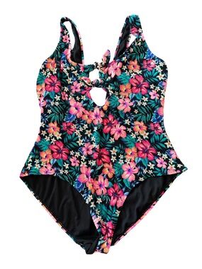 Tropical Floral One-Piece Swimsuit - Black with Pink & Green Floral Print